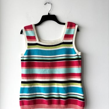 90s Vintage Meg Allen Striped Knit Sweater Sleeveless Square Neck Colorful Cotton Women M/L 
