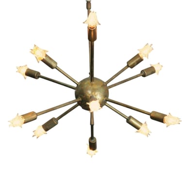 Mid-Century Brass Sputnik Chandelier w/ Starburst Bulbs 