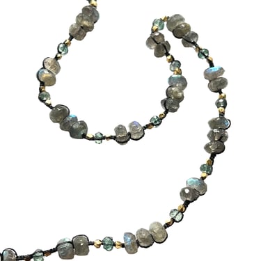 Danielle Welmond |  Woven Brown Silk Cord with Labradorite, Misty Green and 14k Gold Vermeil Beads Necklace