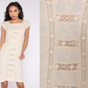 60s Sheath Dress Off-White Eyelet Lace Mini Dress Boho Cap Sleeve Party Dress Embroidered Cutout Mod Cocktail Vintage 1960s Extra Small XS 