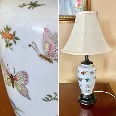 Porcelain Butterfly Table Lamps, Asian Inspired, Pedestal, Ceramic, Vintage 70s 80s, Works Fine 