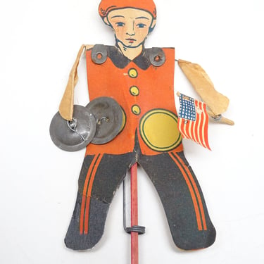 Antique Paper Boy Puppet with Cymbals, Vintage Musical Toy, with American Paper Flag 