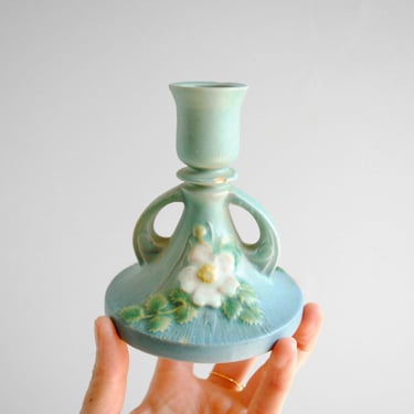 Vintage Roseville Pottery Ceramic Candle Holder in the White Rose Design on Blue 