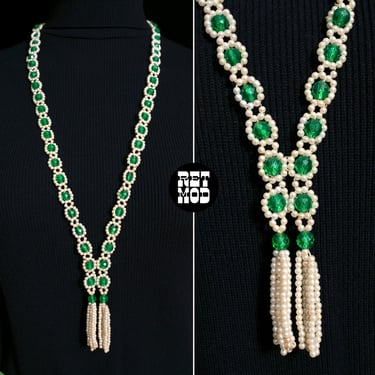Groovy Vintage 70s Pearl and Clear Green Beaded Long Tassel Necklace 