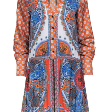 Sandro - Orange & Blue Mosaic Print Long Sleeve Dress Sz 4