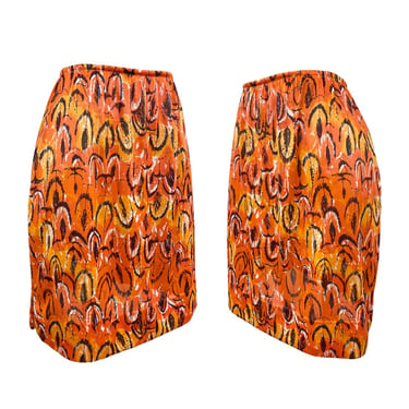 Vtg 70s 1970s Signed Vera Neumann Hot Orange Peacock Print Mini Slip Skirt 