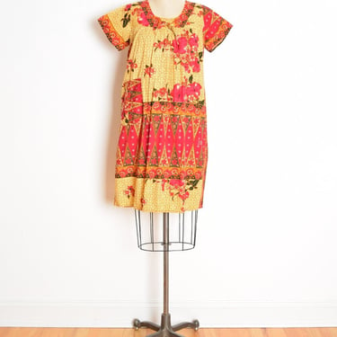 vintage dress yellow pink batik print babydoll hippie boho mini tent dress L floral clothing 