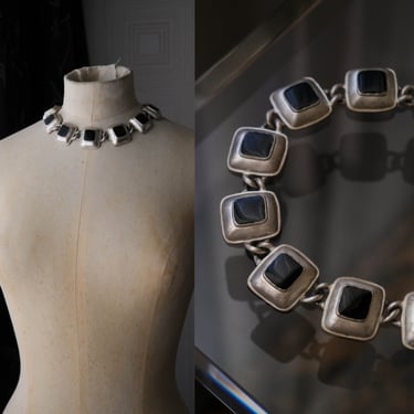 Vintage 80s ANNE KLEIN Signed Matte Silver & Black Enamel Square Chunky Choker Necklace | Donna Karan | 1980s Designer Statement Jewelry 