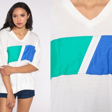 80s Striped Shirt -- White Color Block Top Slouchy Shirt V Neck Blue Green 1980s Retro Tee Vintage Slouch Short Sleeve Loose Extra Large xl 