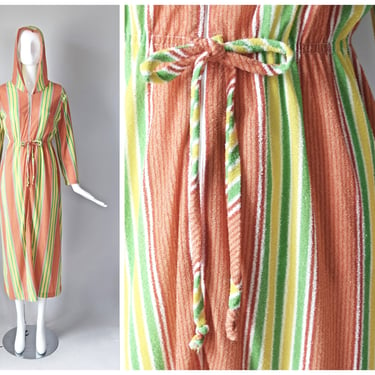 vtg 70s orange + green striped terry cloth hooded beach coverup robe dress | 1970s 1980s 80s | summer beachside beach bathing suit towel 