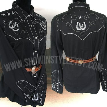 Vintage Retro Women's Cowgirl Western Shirt, Blouse by Gordon & James, Embroidered Horse Shoes, Rhinestones, Size XLarge (see meas. photo) 