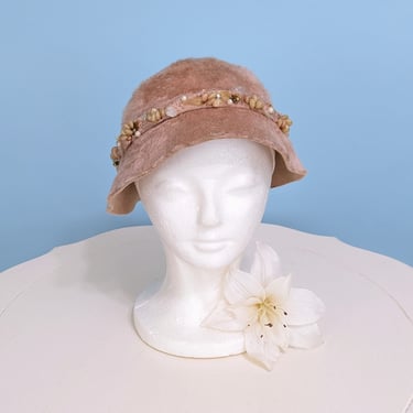 Vintage 1960s Pink Cloche Hat, Vintage 60s Beaded Mod Fur Hat 
