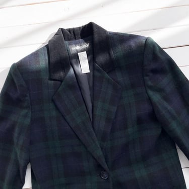 vtg Sag Harbor green navy plaid wool velvet collar blazer jacket size S 