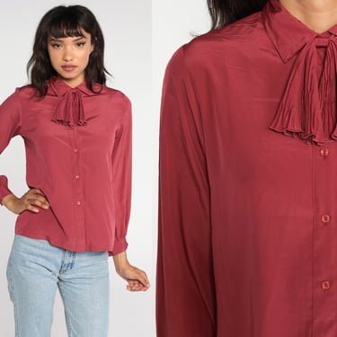 Ascot Shirt Secretary Blouse Dark Pink Long Sleeve Top 80s Bow Neck Ascot Top Button Up Vintage 1980s Long Sleeve Shirt Small 