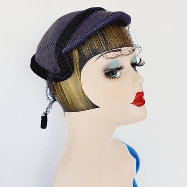 50s Navy Blue Straw Hat in the Close Style w-Velvet and Veil by Marshall Field 