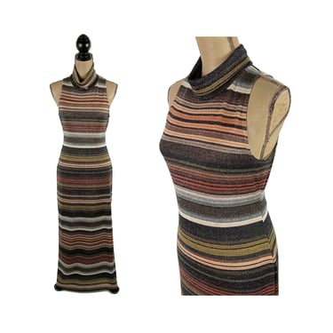 M 90s Metallic Stripe Maxi Dress Medium, Sleeveless Turtleneck Fitted Long Dress, Knit Stretchy Bodycon, 1990s Clothes Women Vintage BEBE 