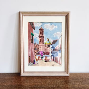 Vintage Original Signed Watercolor Painting - Santa Prisca de Taxco Mexico 