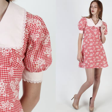 White Red Gingham Dress / Vintage 70s Americana Dress / Wide Butterfly Collar Mod Dress / Checkered Americana Scooter Mini Dress 