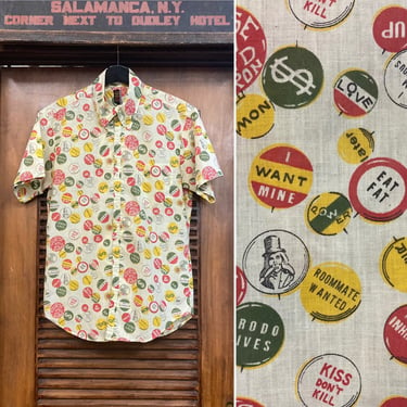 Vintage 1960’s Mod Pop Art Pinback Counter Culture Shirt Top, 60’s Mod Shirt, Vintage Pins, Vintage Pop Art Shirt, Vintage Clothing 