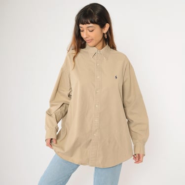 90s Ralph Lauren Blake Shirt Khaki Polo Sport Oxford 1990s Tan Long Sleeve Boyfriend Button Up Vintage Oversize Large L 