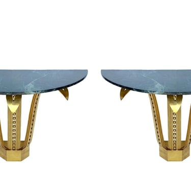 Pair of Consoles with Real Gold Leaf and Marble Top by Raymond Subes