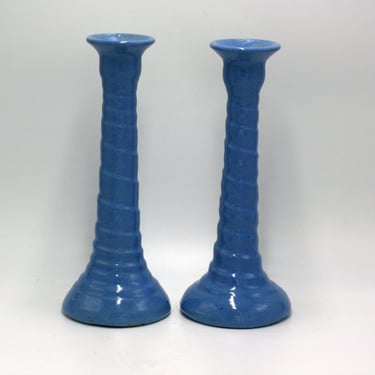vintage Bybee pottery blue spiral candlesticks 