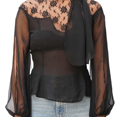 1990S GIANFRANCO FERRE Black Sheer Chiffon Turtle Neck Bow Blouse 