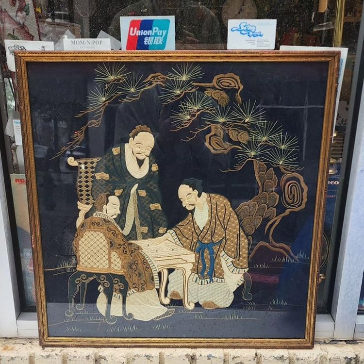 Framed Embroidered Tapestry. Mahjong Players. 24x24"