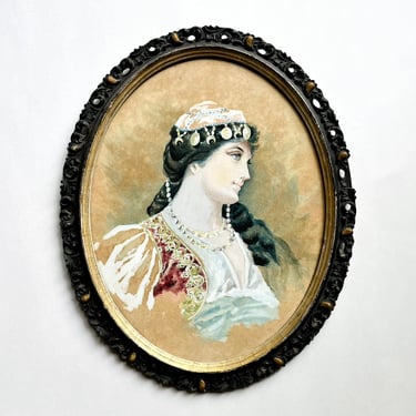 Lovely Antique Watercolor Painting Portrait Woman in Orientalist Dress Victorian 