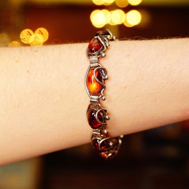 Vintage Sterling Silver Amber Link Bracelet, 10 Gorgeous Amber Cabochons W/ Inclusions, Vine Embellishments, Bohemian 925 Jewelry, 7&amp;quot; L 