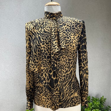 Vintage 80s glam animal print silk sheer blouse shawl collar Sz 6 by Lillie Rubin 