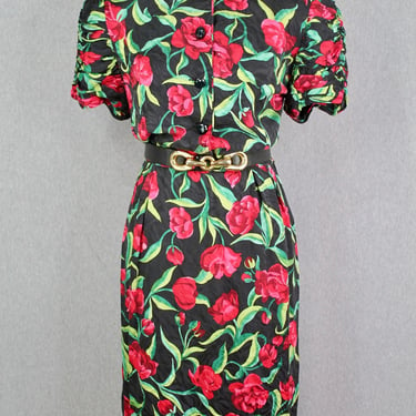 1980s 1990s - Maggy London - Silk Rose Print Dress - Shirt Dress - Size 14 