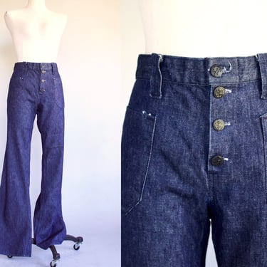 39” x 34” 1970s Dittos Navy Button Flare Leg Jeans with Front Pockets - Mid Rise Wide Leg 70s Dark Wash Denim 