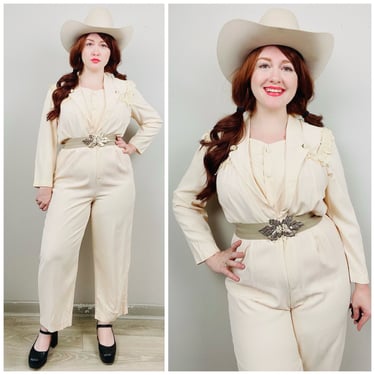 1980s Vintage RJ Stevens Cream Acetate Jumpsuit / 80s / Eighties Rosette Long Sleeve Elastic Waist Romantic Pantsuit / Size Large 