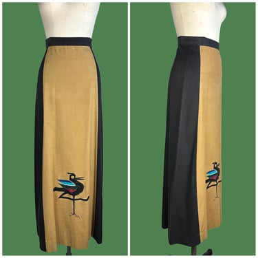 WHITE DUCK WORKSHOP 70s Vintage Maxi Skirt | 1970s 2 Tone Long Skirt | Made in Berkeley | Corduroy Roadrunner Applique | Size X-Small 