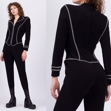 80s Tadashi Black White Striped Outline Catsuit - Small to Medium | Vintage Designer Long Sleeve Stirrup Jumpsuit Outfit 