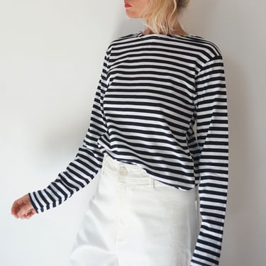 Vintage French Stripes Navy And White Cotton T-Shirt | Boat Neck Long Sleeve Top | Perfect Sailor Mariniere | Breton Shirt 