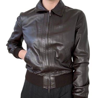 Vintage Y2K Armani Jeans Dark Brown Leather Bomber Zip Jacket Sz S 