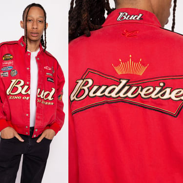 90s NASCAR Budweiser Chase Authentics Racing Jacket - Men's XL | Vintage Red Bud King Of Beers Logo Sponsor Jacket 