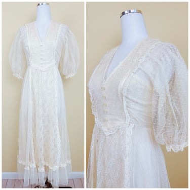 1970s Vintage Cream Mesh Swiss Dot Prairie Dress / 70s Romantic Lace Puffed Sleeve Maxi Gown / Size Small 