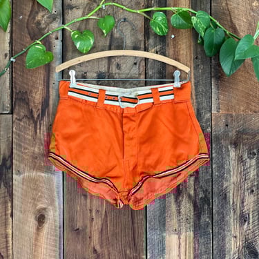 True Vintage 40s 50s Belted Button Fly Satin Shorts Orange Basketball Athletic size 29 waist 
