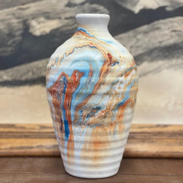 Vintage Handmade Nemadji Vase Minnesota Multicolored Stamped ceramic vase antique pottery orange and blue designed decor 