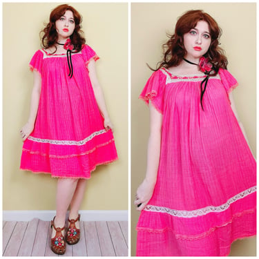 1970s Vintage Pink Cotton Gauze Swing Dress / 70s Semi Sheer Crochet Rosette Neck Dress / One Size 