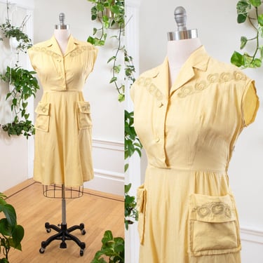 Vintage 1950s Shirt Dress | 50s Beaded Embroidered Light Yellow Cotton Shirtwaist Day Tea Dress | x-large 