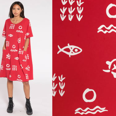 Fish Beach Dress 00s Red Seashell Coverup Tshirt Dress Tropical Midi Dress Y2K Vintage Shift Pocket Cover Up Short Sleeve 2xl 2x Plus Size 