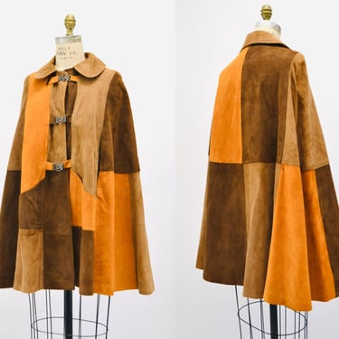 60s 70s Vintage Suede Leather Poncho Cape Patchwork Brown Leather Jacket Poncho Cape 