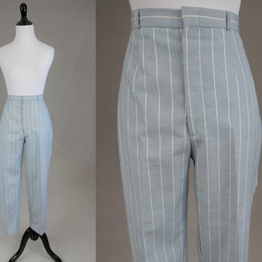 70s 80s Striped Menswear Trousers - 27.5" waist - Light Gray & White Stripes - High Rise Pants - Pizzazz - Vintage 1970s 1980s - 27" inseam 