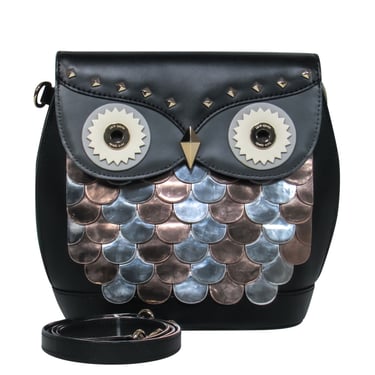 Kate Spade - Black, Silver &amp; Copper Leather Fold-Over Owl Crossbody
