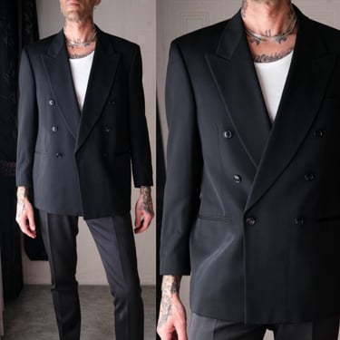 Vintage 80s JONES New York Black Wool Gabardine Longline Peak Lapel Double Breasted Blazer | Made in USA | 1980s Designer Mens Jacket 