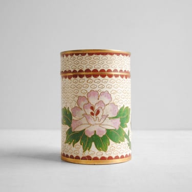Vintage Chinese Cloisonne Box in Enamel and Brass with a Flower Design, Lidded Enamel Column Shaped Box 